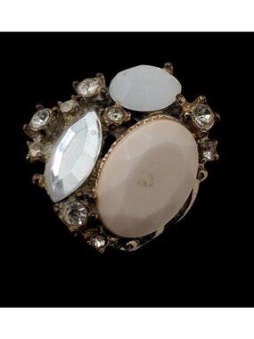 Vintage Glam Statement Ring With Rhinestones & Faceted Cream Center Stone Size 7